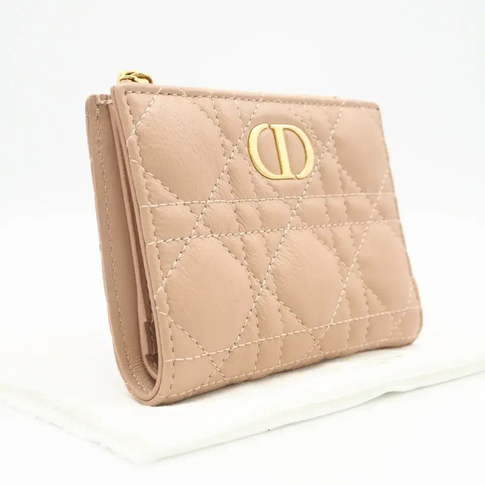 Christian Dior Calfskin Caro Dahlia Wallet Bifold Calf Leather Beige Pink